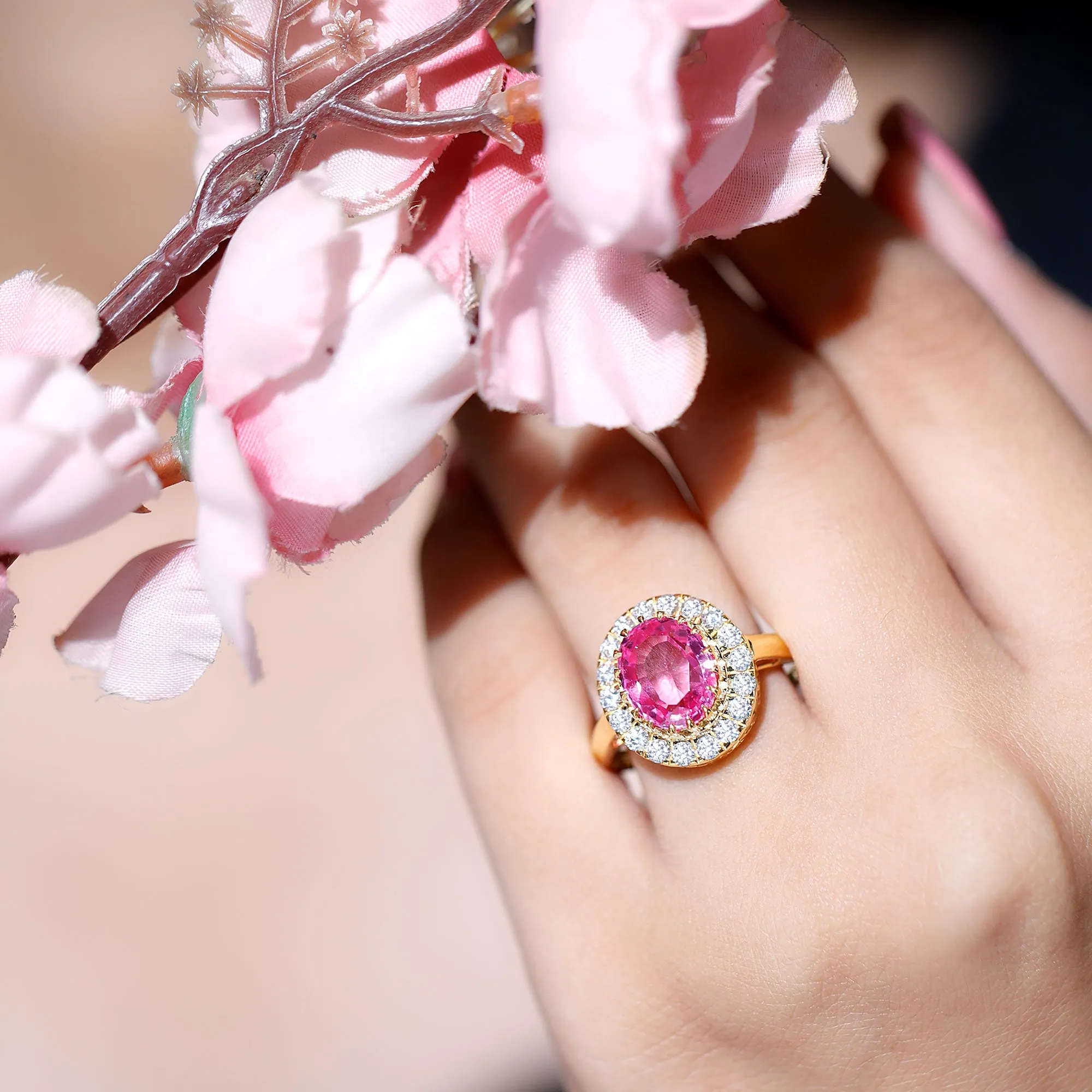 Oval Lab Grown Pink Sapphire Vintage Style Ring with Moissanite Halo