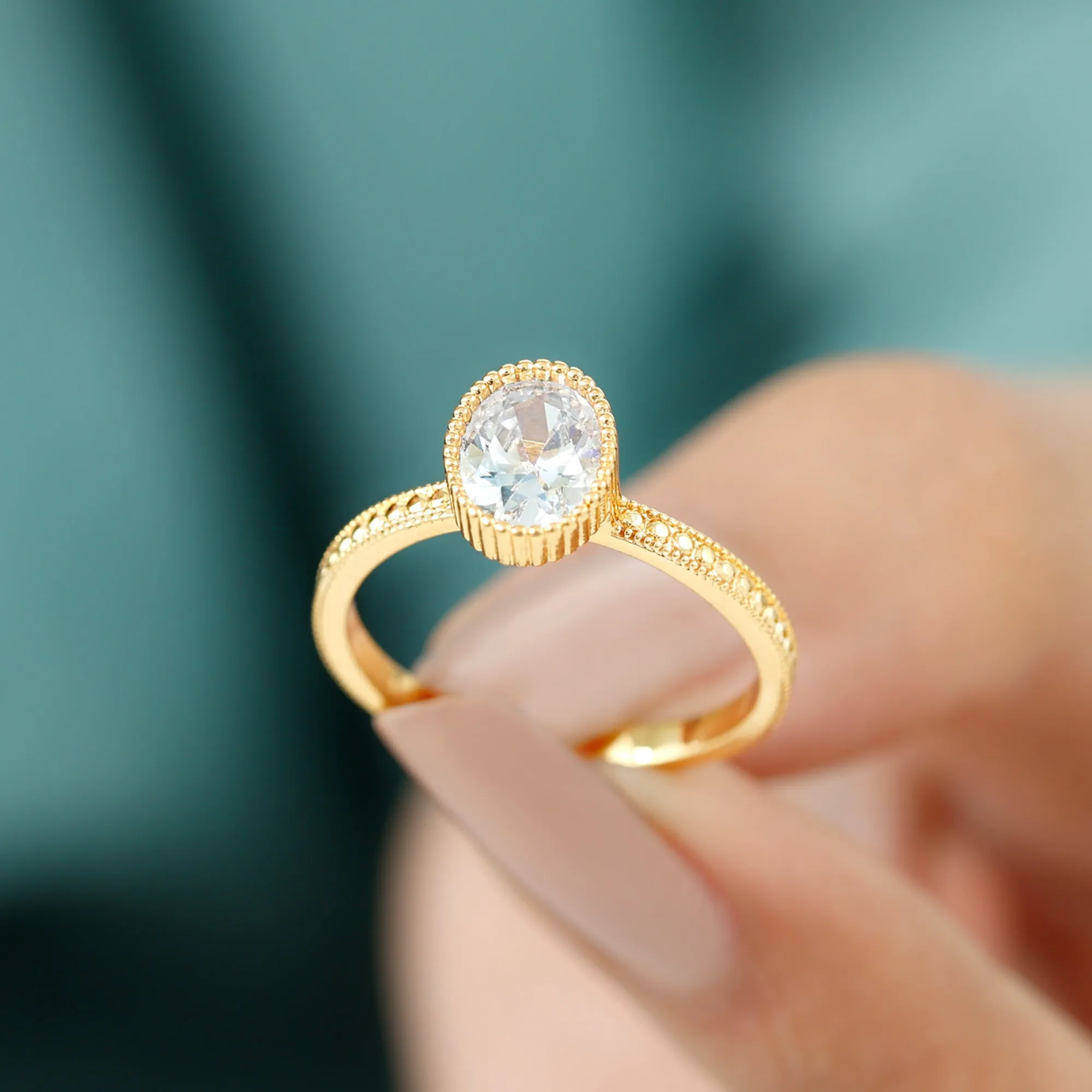 Oval Shape Moissanite Solitaire Engagement Ring with Beaded Detailing