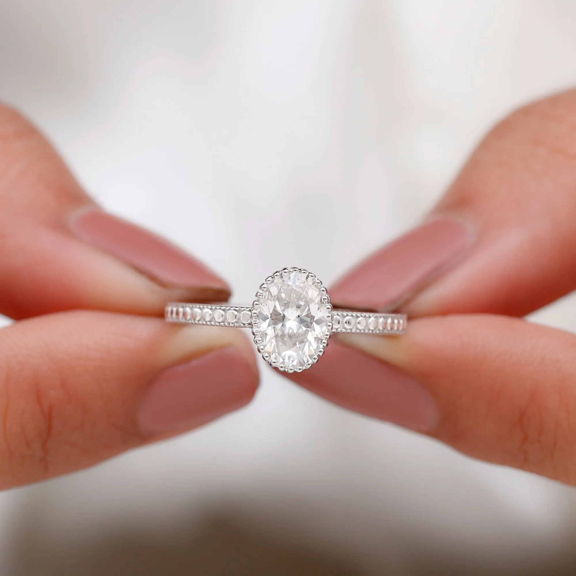 Oval Shape Moissanite Solitaire Engagement Ring with Beaded Detailing
