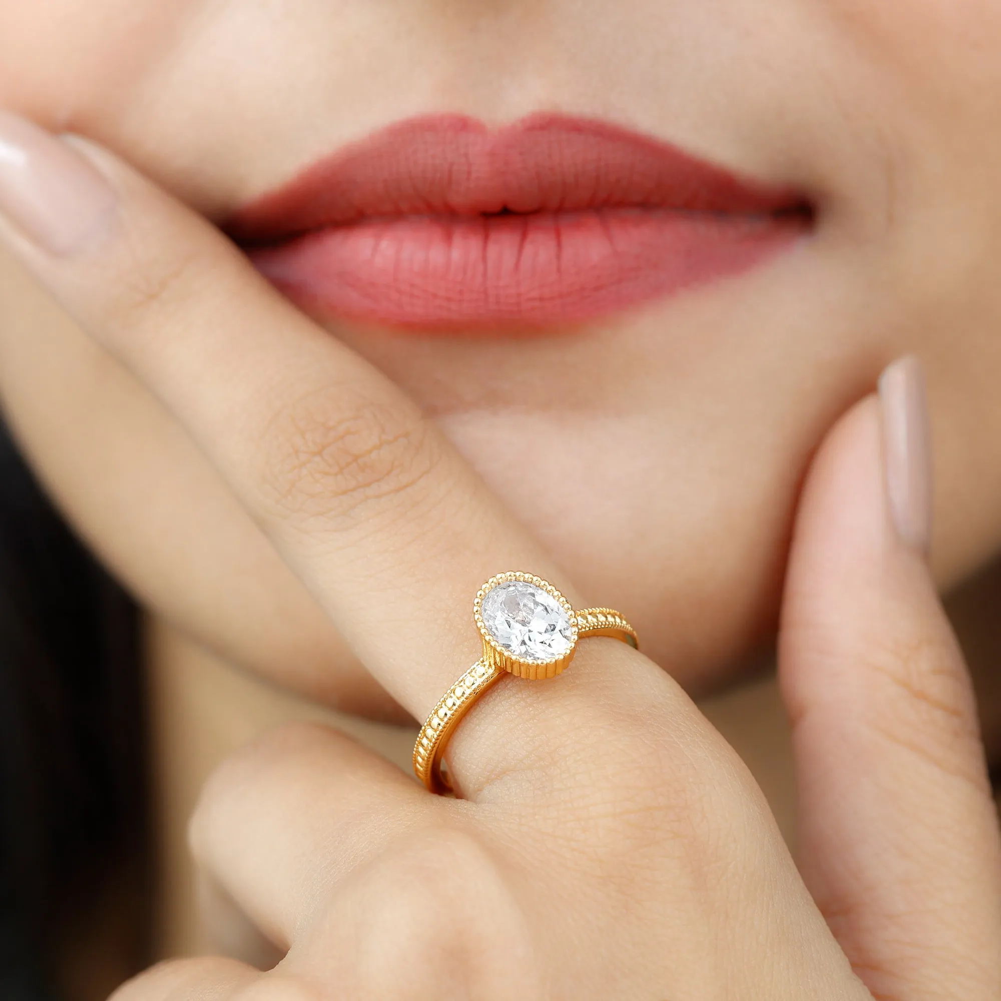 Oval Shape Moissanite Solitaire Engagement Ring with Beaded Detailing