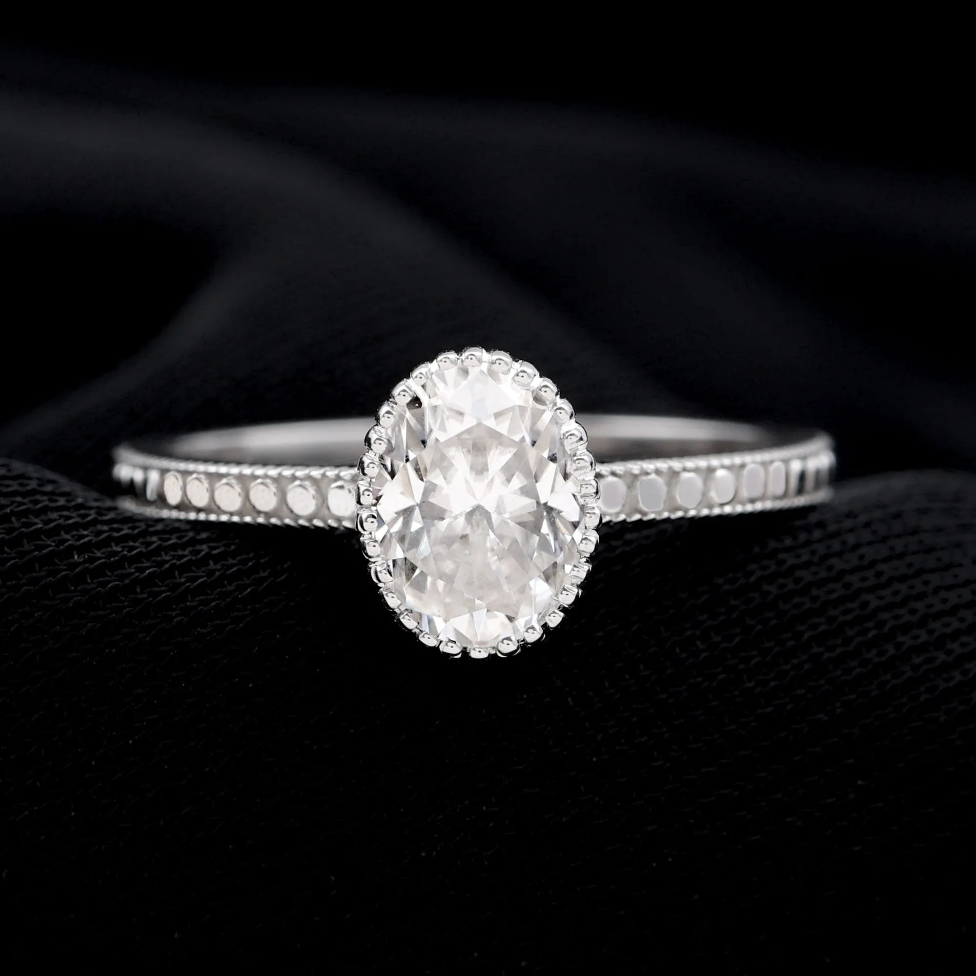 Oval Shape Moissanite Solitaire Engagement Ring with Beaded Detailing