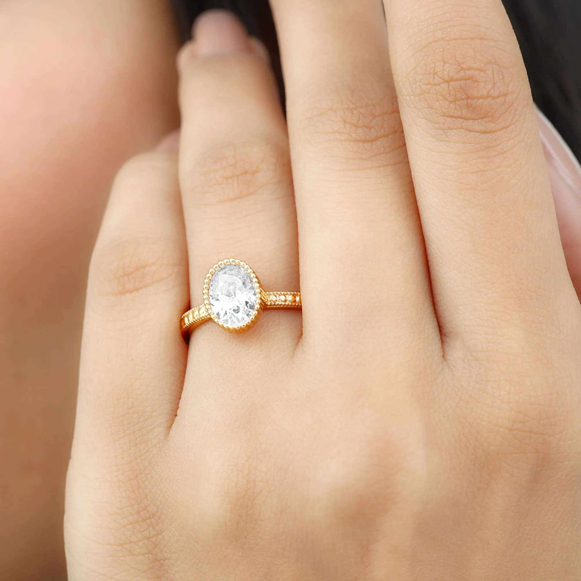 Oval Shape Moissanite Solitaire Engagement Ring with Beaded Detailing