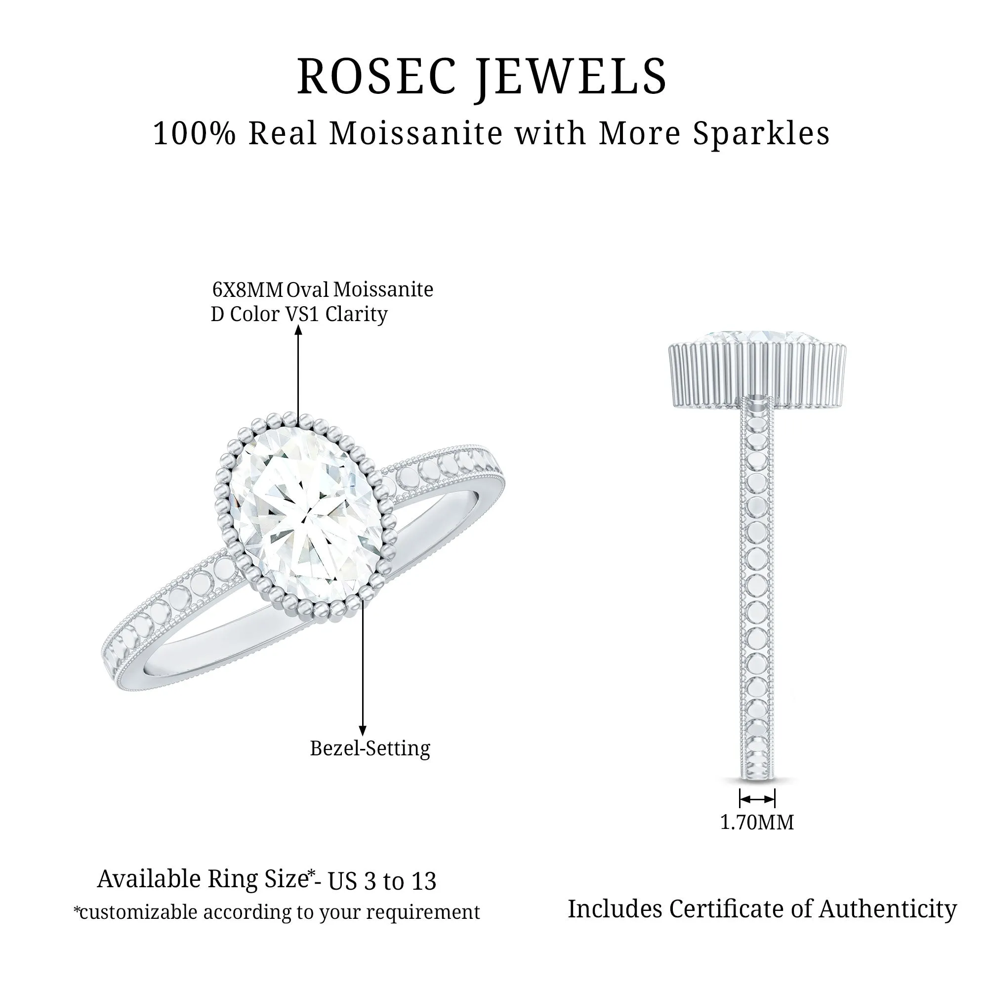 Oval Shape Moissanite Solitaire Engagement Ring with Beaded Detailing