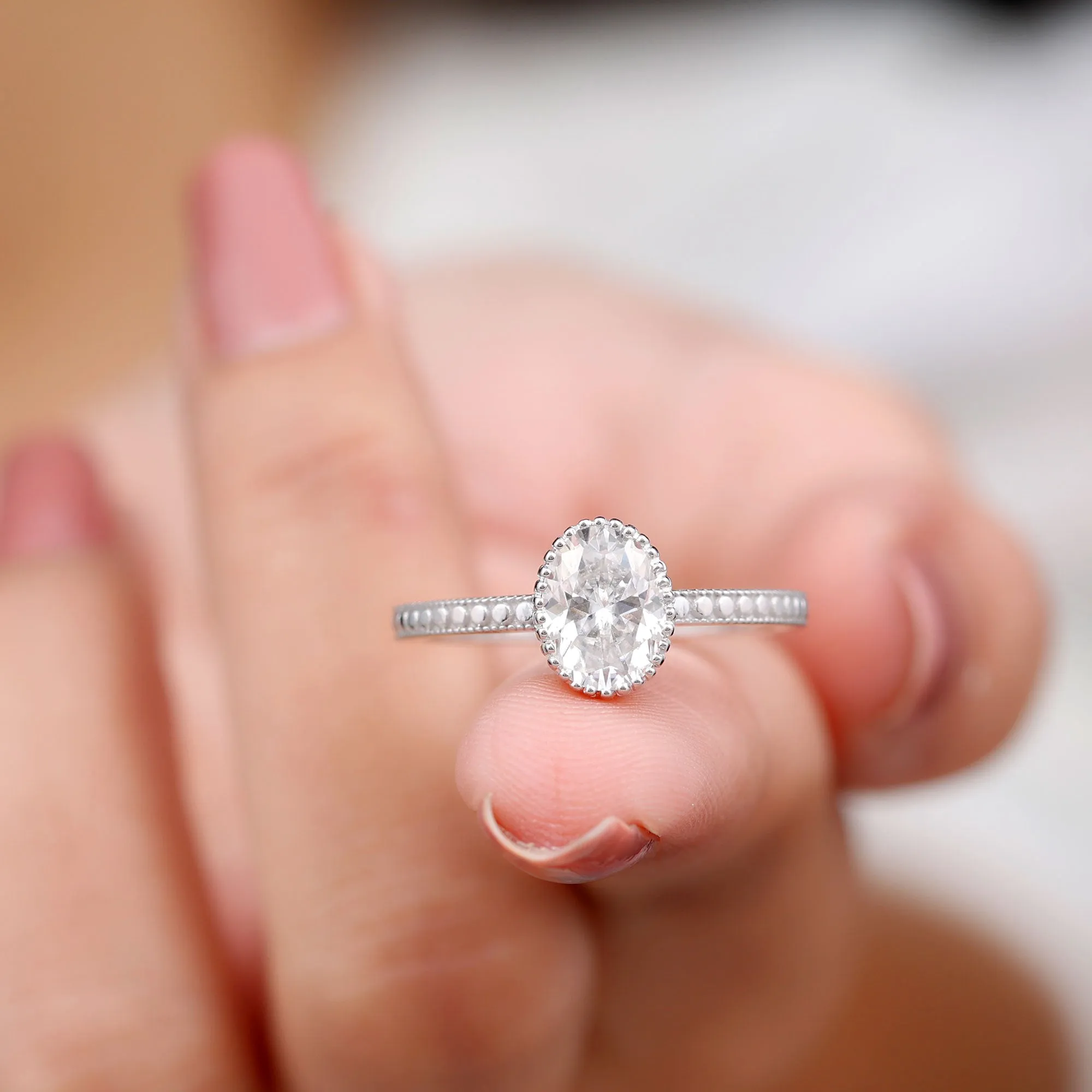 Oval Shape Moissanite Solitaire Engagement Ring with Beaded Detailing