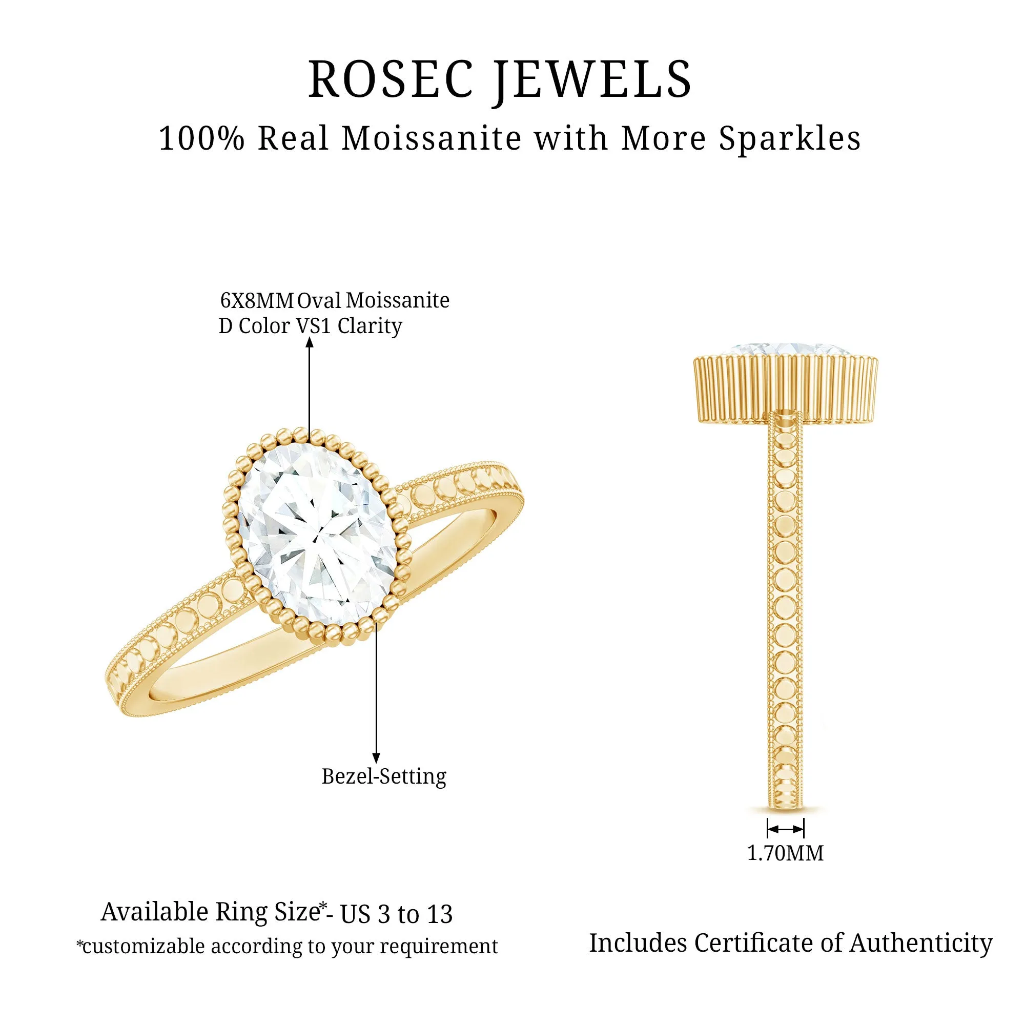 Oval Shape Moissanite Solitaire Engagement Ring with Beaded Detailing