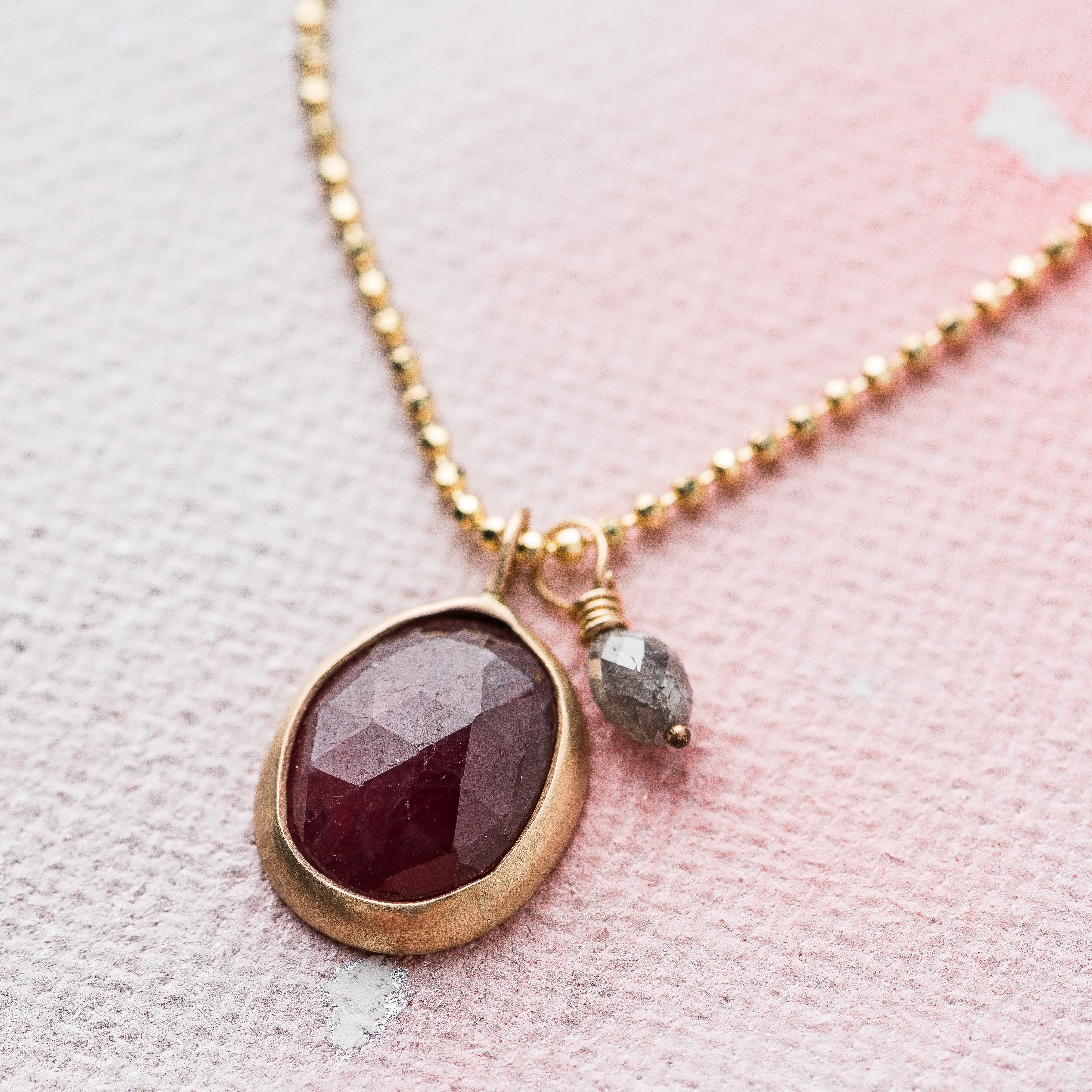 Pink Sapphire Necklace with Gray Diamond in 14k Gold