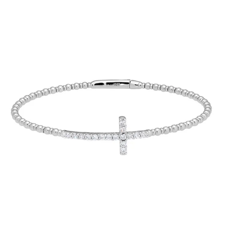 platinum finish sterling silver cross flexible bracelet with simulated diamonds