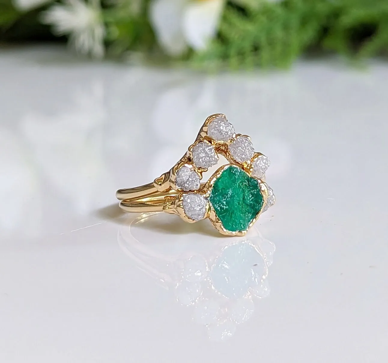 Raw Emerald and diamond Chevron bridal ring set