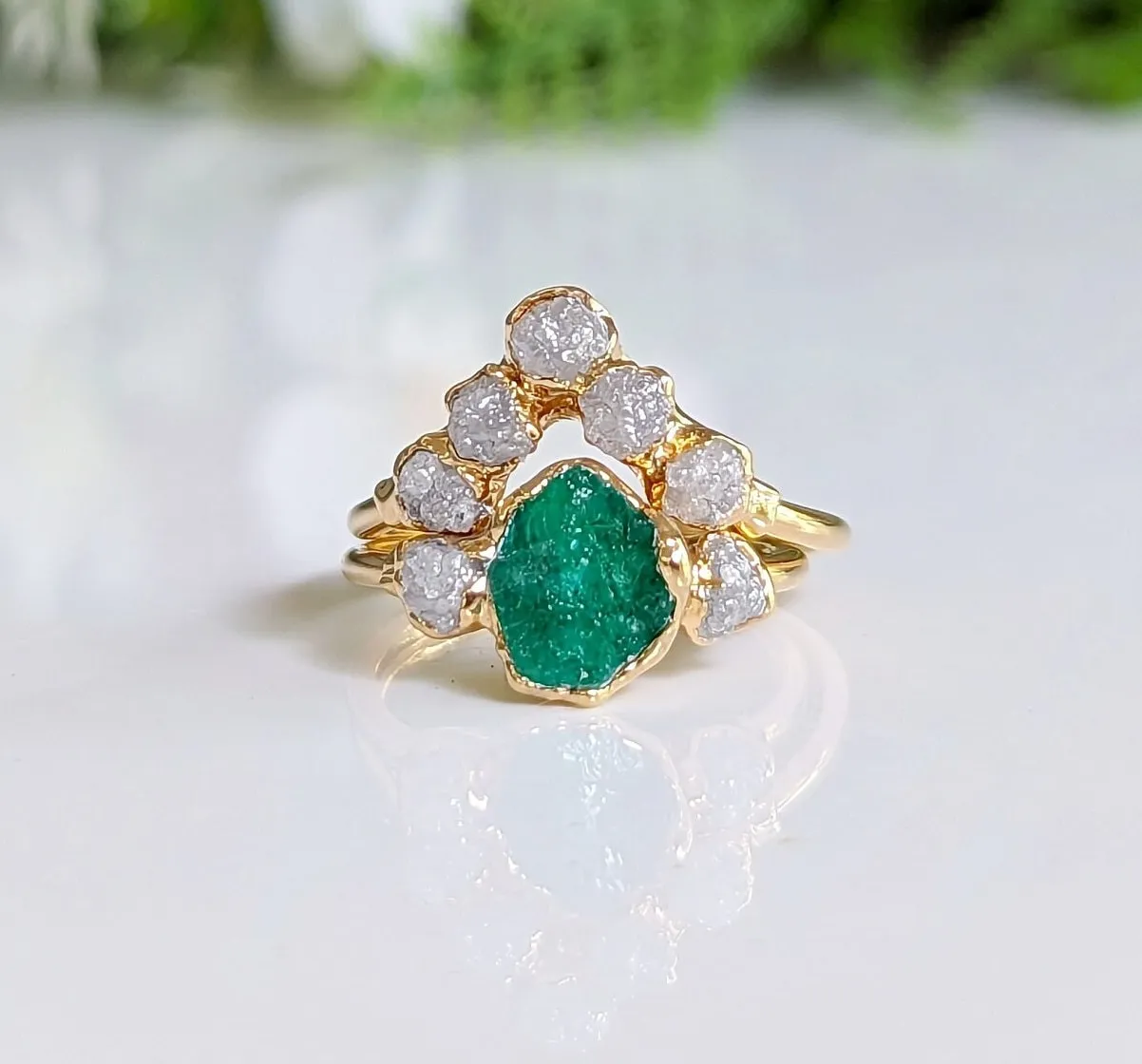 Raw Emerald and diamond Chevron bridal ring set