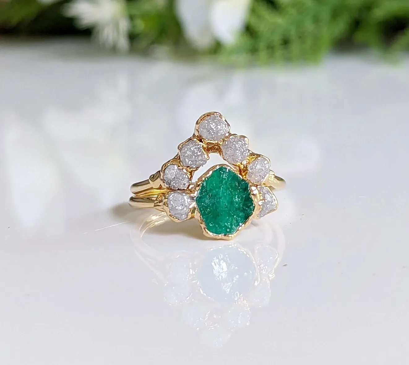 Raw Emerald and diamond Chevron bridal ring set