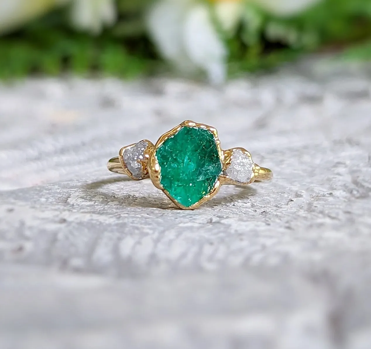 Raw Emerald and diamond Chevron bridal ring set
