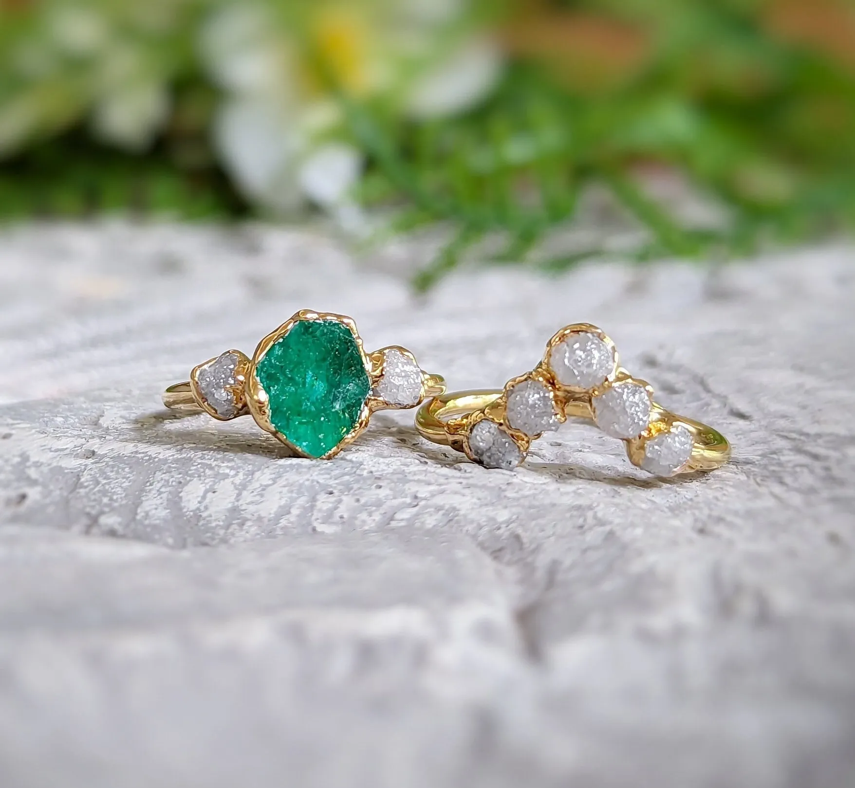 Raw Emerald and diamond Chevron bridal ring set