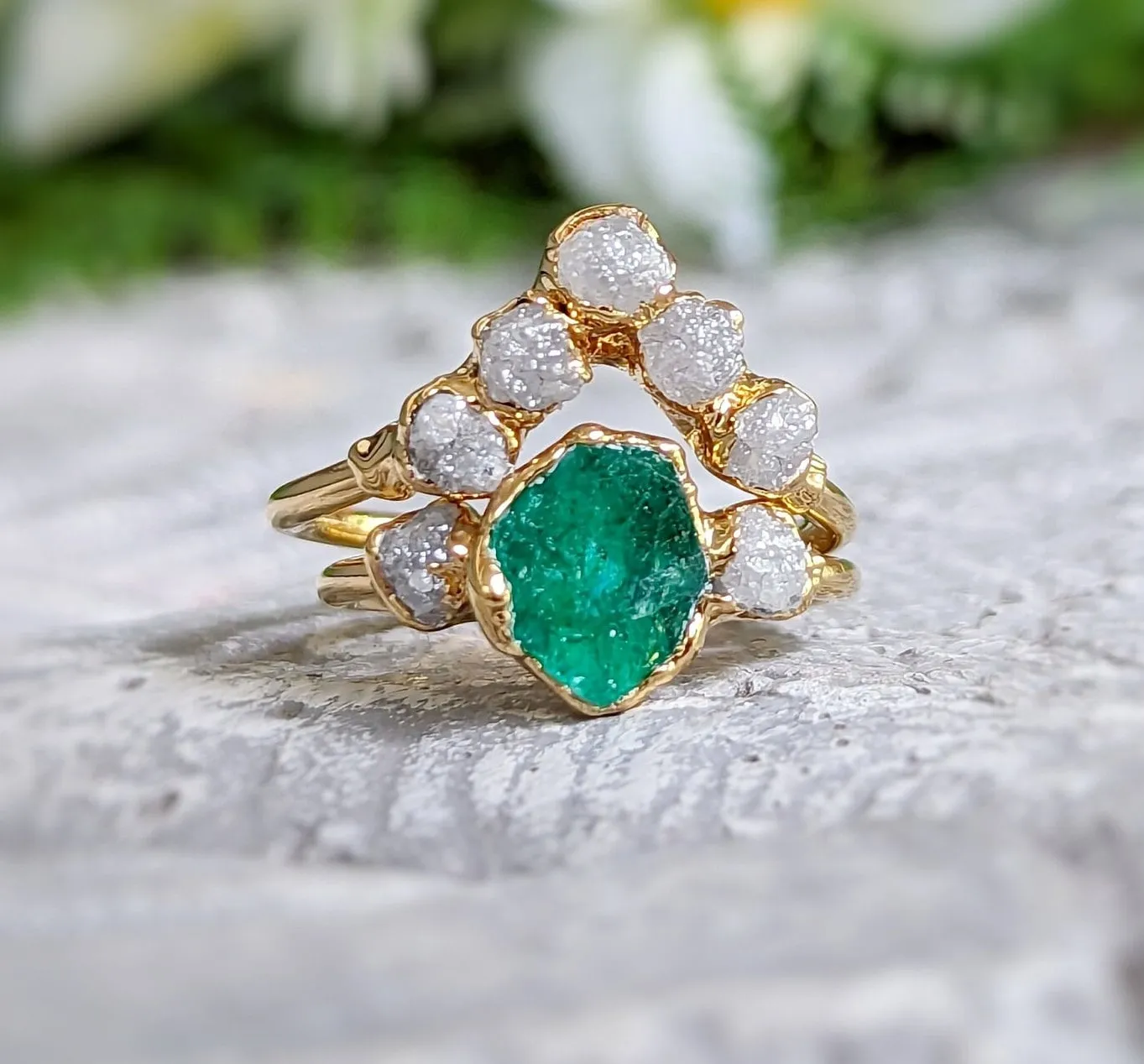 Raw Emerald and diamond Chevron bridal ring set