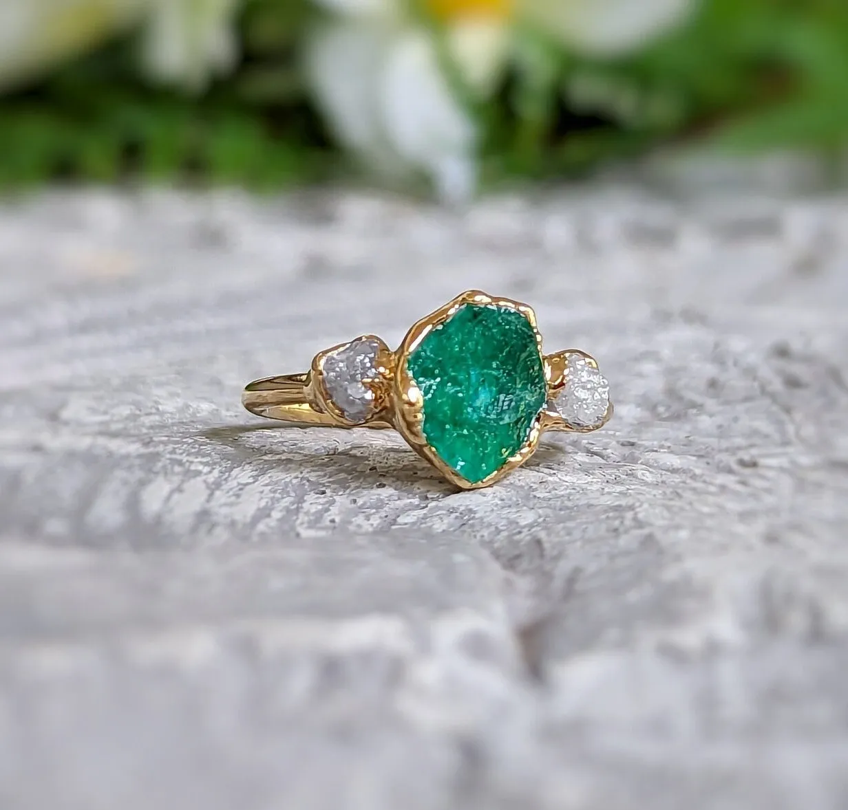 Raw Emerald and diamond Chevron bridal ring set