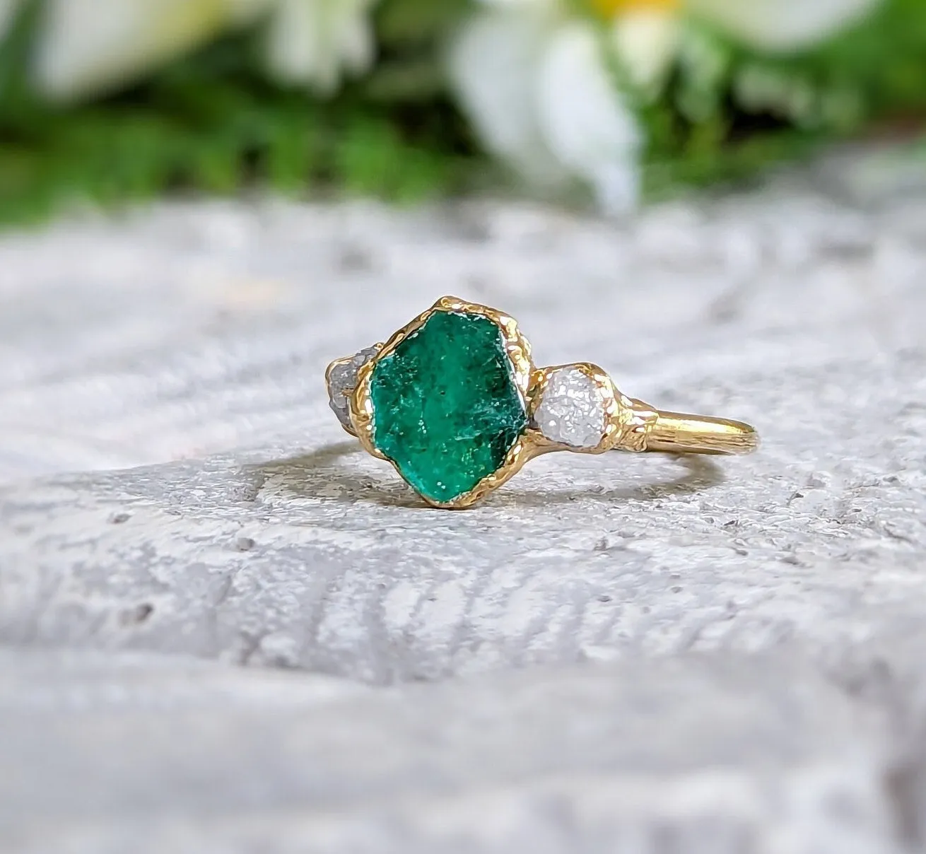 Raw Emerald and diamond Chevron bridal ring set