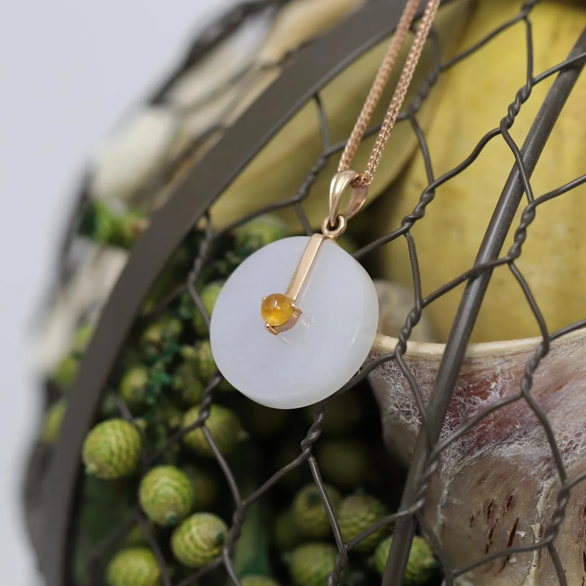 RealJade® "Lucky Circle" 18k Rose Gold Genuine Lavender Burmese Jadeite Lucky Circle Pendant Necklace with Yellow jade JN12