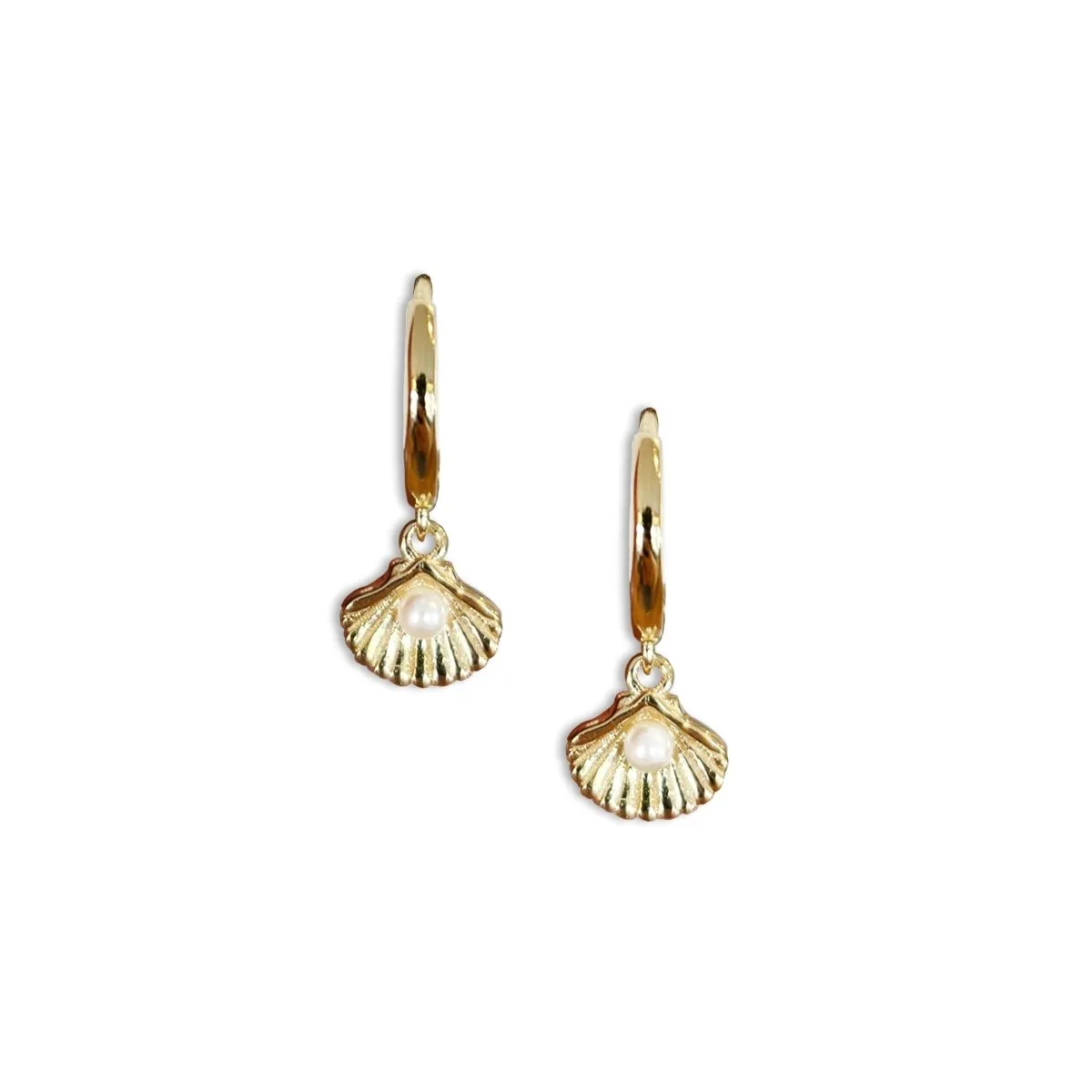 Scallop Shell Pearl Drop Huggie Hoop Earrings