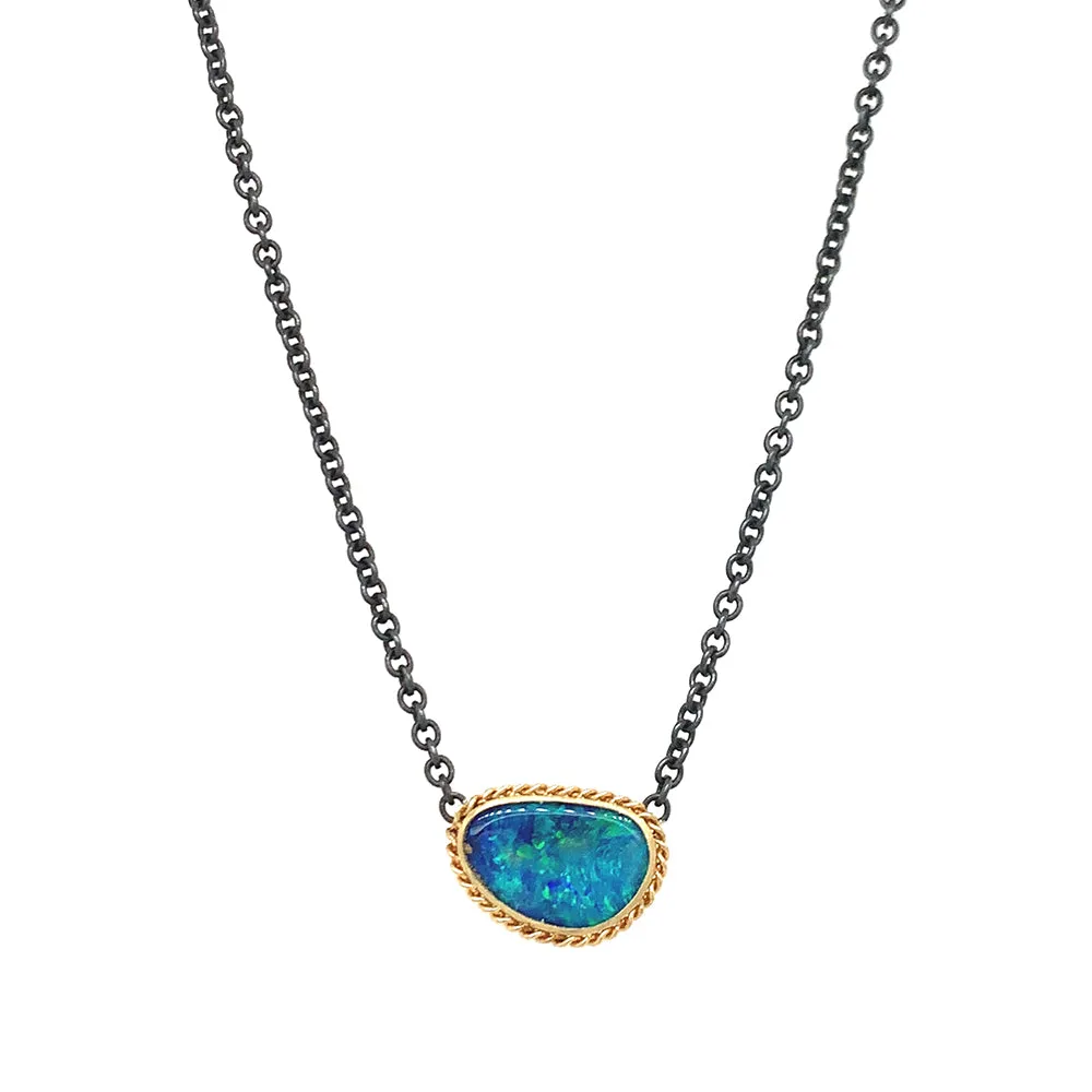 Sterling Silver & Yellow Gold Australian Opal Doublet Necklace - "Bioluminescent"