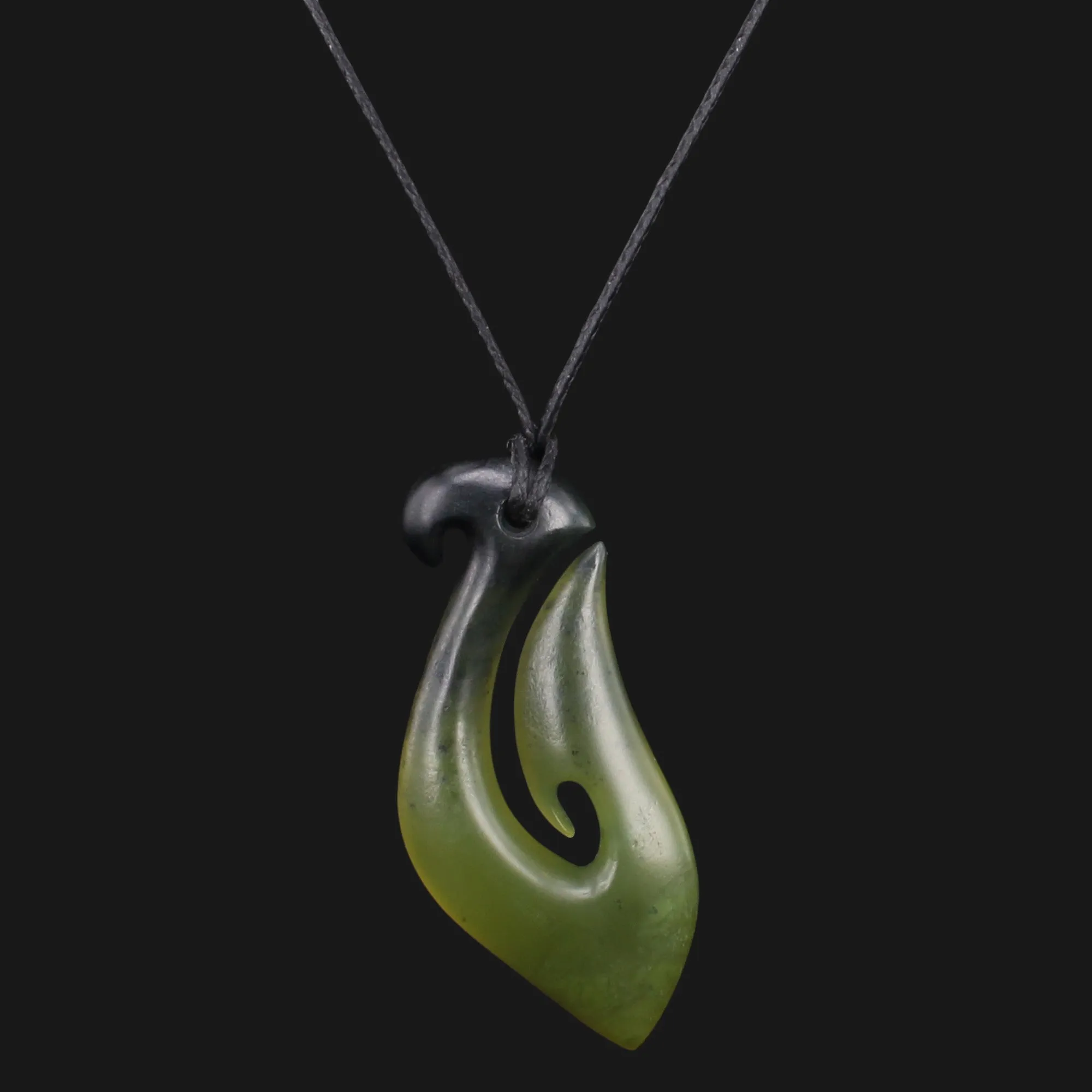 Stunning Black Green Floral Jade Fish Hook Necklace - Handmade Maori Hei-matau Pendant, Elegant Retro Design, Adjustable for Any Woman