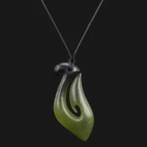Stunning Black Green Floral Jade Fish Hook Necklace - Handmade Maori Hei-matau Pendant, Elegant Retro Design, Adjustable for Any Woman