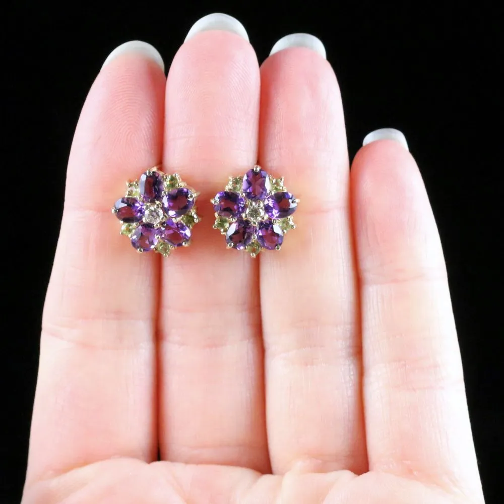Suffragette Cluster Earrings Amethyst Peridot Diamond