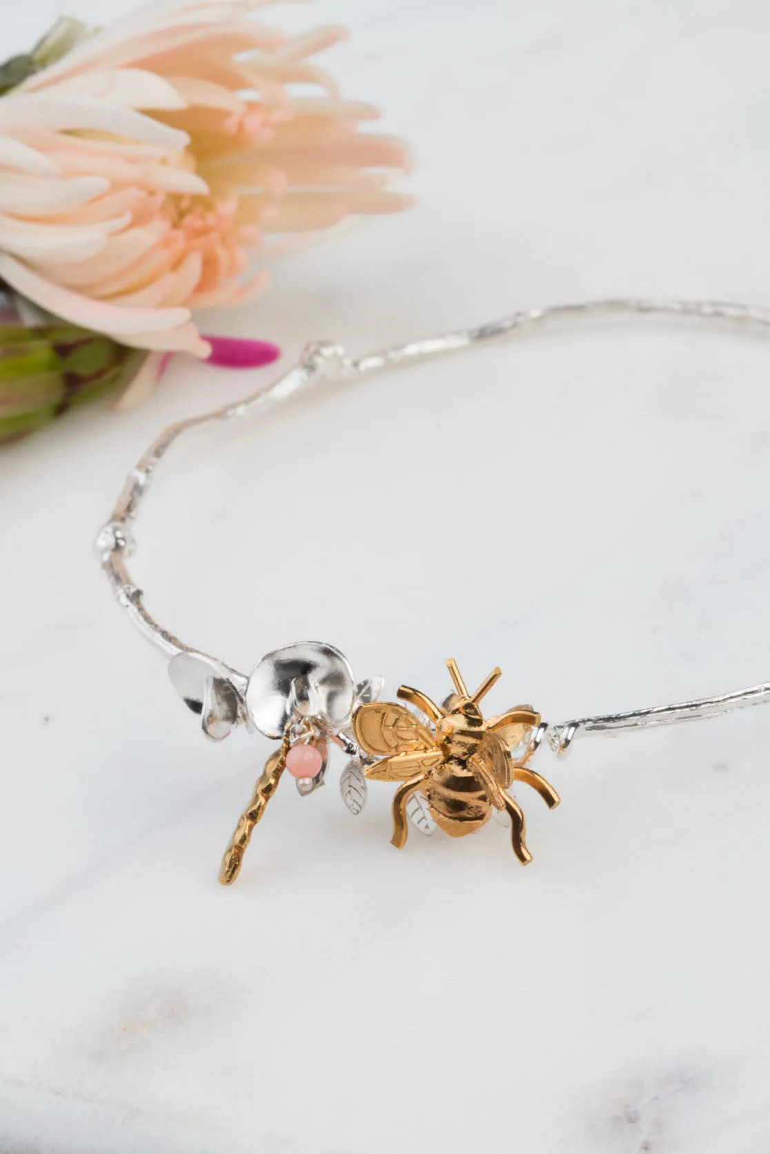 Sweet Pea And Bee Bangle In Sterling Silver and Gold