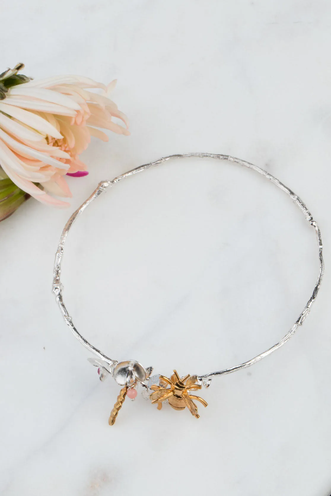 Sweet Pea And Bee Bangle In Sterling Silver and Gold