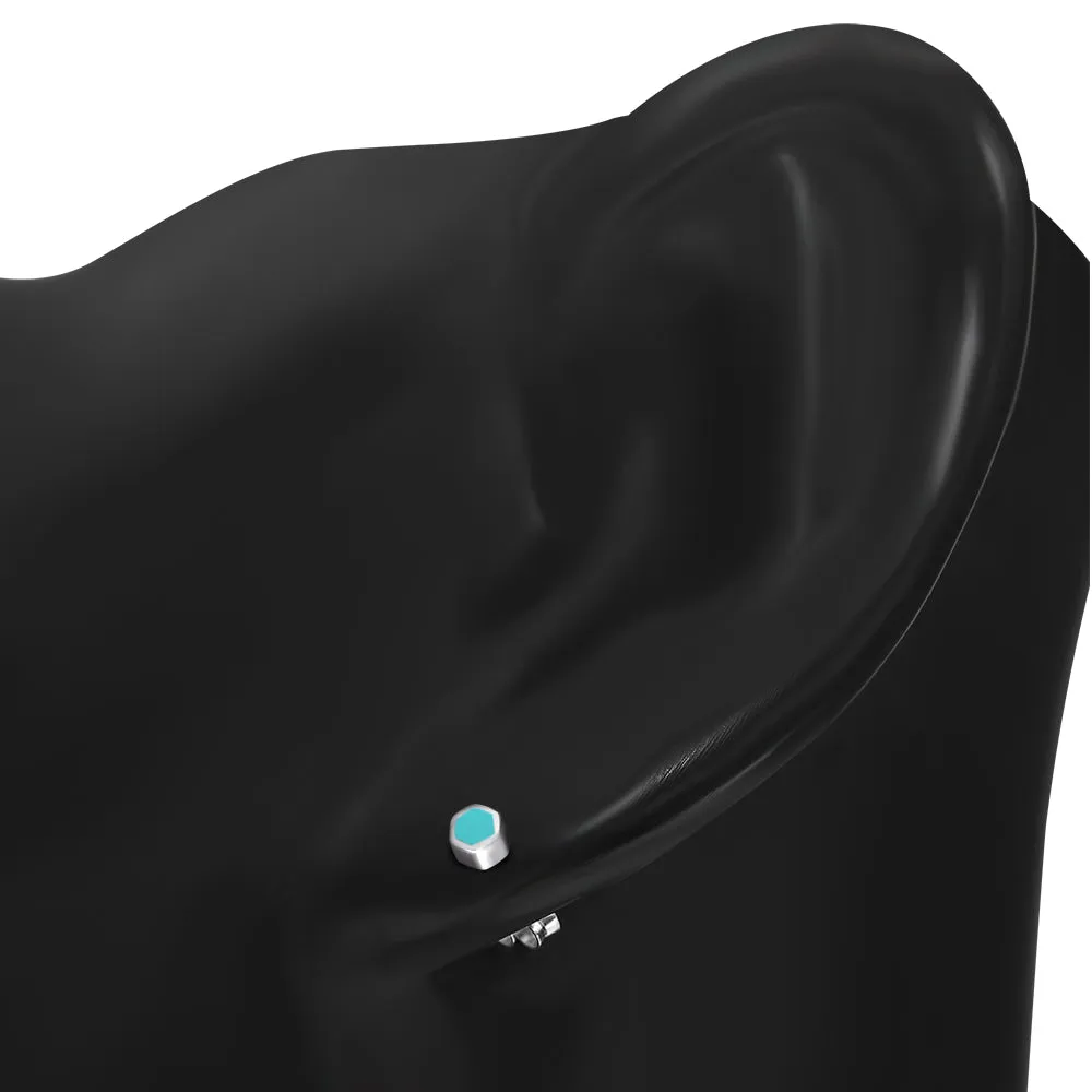 Tiny Turquoise Hexagon Silver Stud Earrings