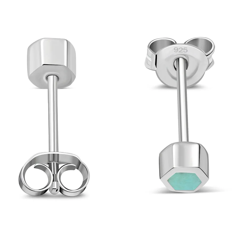 Tiny Turquoise Hexagon Silver Stud Earrings