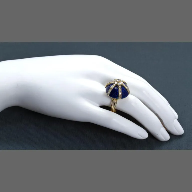 Vintage Diamond Blue Enamel Gold Dome Ring