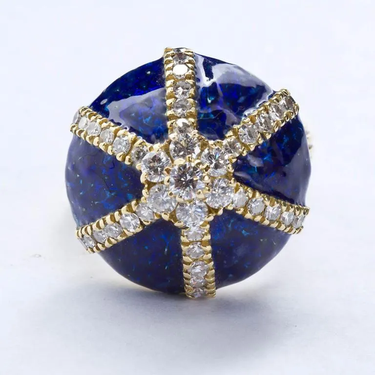 Vintage Diamond Blue Enamel Gold Dome Ring