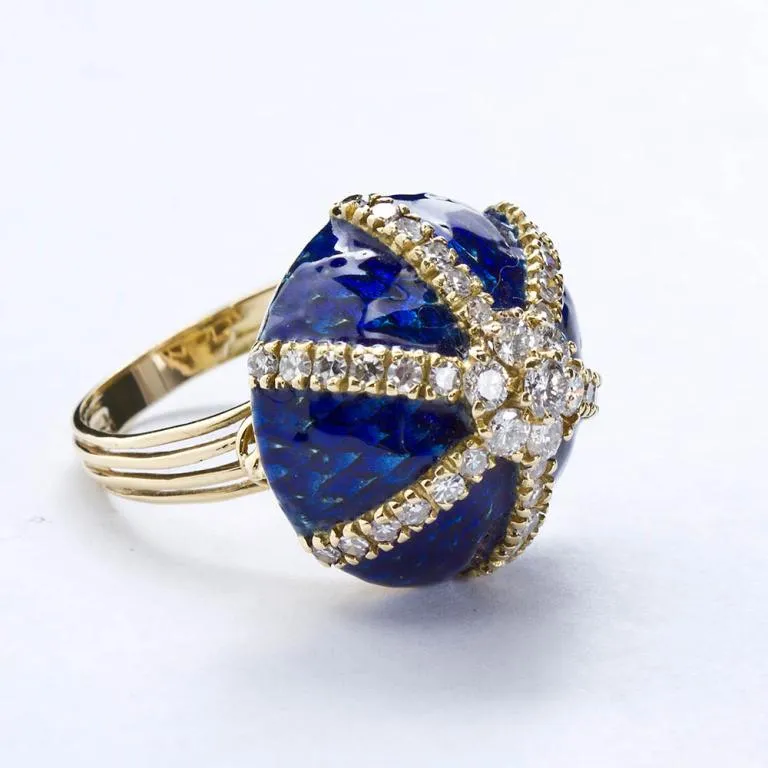 Vintage Diamond Blue Enamel Gold Dome Ring