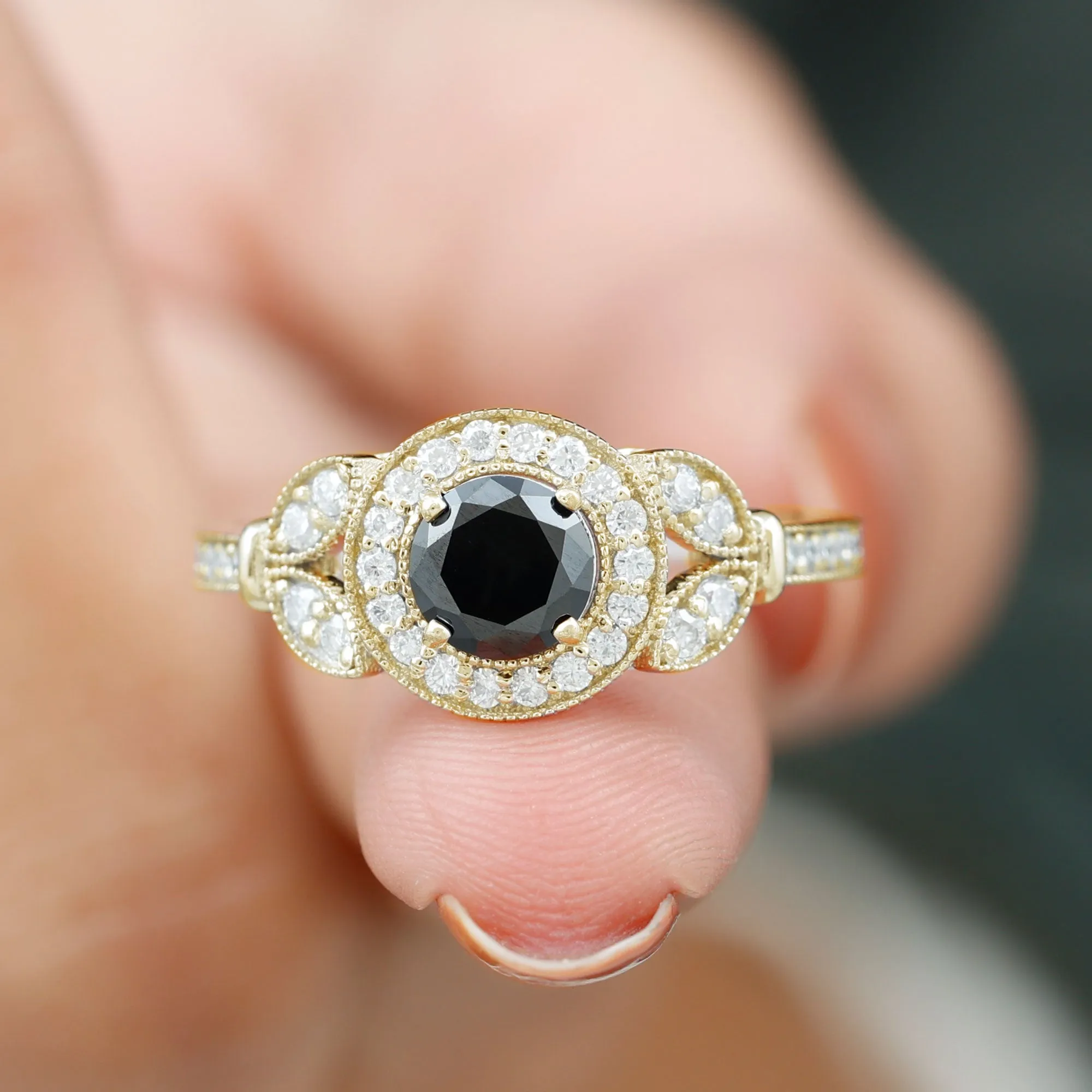 Vintage Inspired Black Onyx and Diamond Engagement Ring
