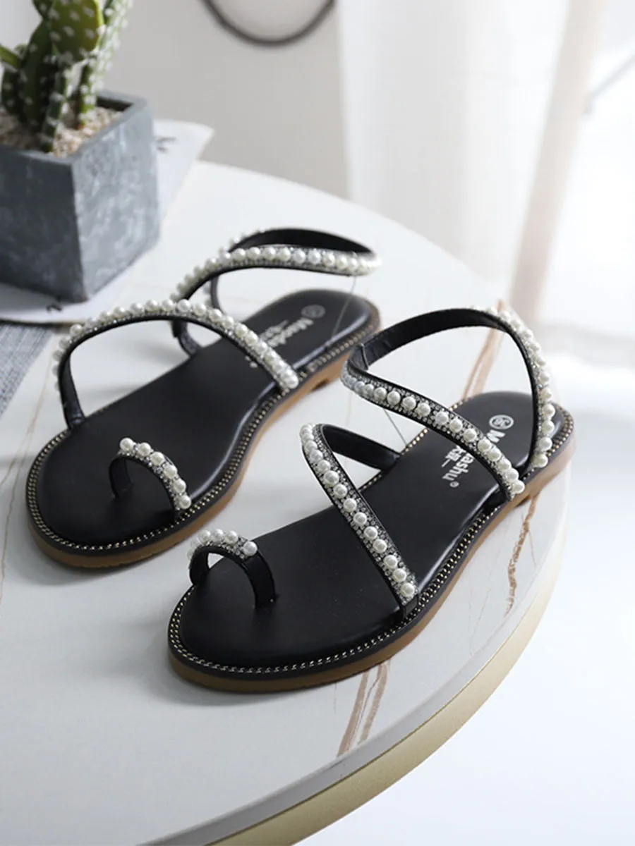 Women's Round Toe Pearl Toe Ring Boho Sandals